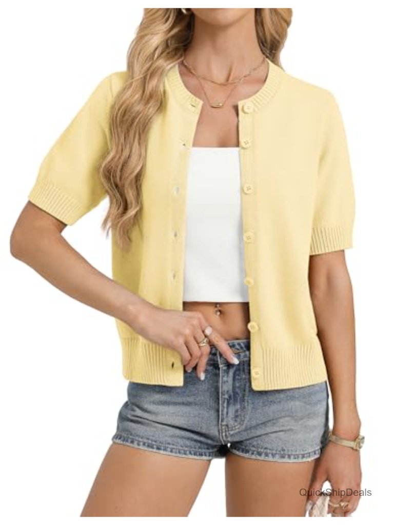 Women's Short Sleeve Cardigan, Button Down Ribbed Knit Cropped Sweater, Office